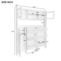Multifunctional Shoe Cabinet with Storage Shelf, 6 Drawers, 4 Hooks and Tempered Glass Doors, Modern Hall Tree, 62" L x 7" W x 82" H, White(m-3)