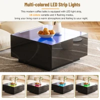 Square High Glossy Coffee Table with 16-Color LED Strip Lights, 0.2'' Glass Top, Modern Center Table for Living Room, 27.5" L x 27.5" W x 14" H, Black(m-5)