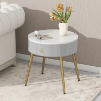 Set of 2 Modern End Tables with Storage, Faux Marble Tabletops, Fluted Panels, and Golden Legs, 19.5" L x 19.5" W x 20.5" H, Grey+Gold(m-1)