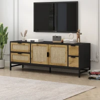 Vinsetto Elegant Rattan TV Stand for TVs up to 65", Boho Style Media Console with Adjustable Shelves, Cable Management, Steel Gray(m-1)