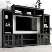 Modern Multifunctional TV Stand for TVs Up to 70" with Glass Door and Bridge, Minimalism Entertainment Wall Unit, 104" L x 15" W x 78.5" H, Black(m-1)