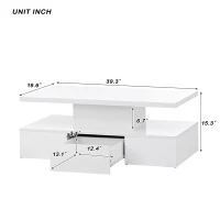 Vinsetto Modern Glossy 2-Tier Rectangle Coffee Table with Drawer, LED Lighting, Center Table for Living Room, 39.5" L x 19.5" W x 15.5" H, White(m-3)