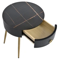 Set of 2 Modern End Tables with Storage, Faux Marble Tabletops, Fluted Panels, and Golden Legs, 19.5" L x 19.5" W x 20.5" H, Black+Gold(m-11)