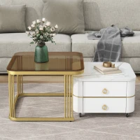 2-in-1 Square Nesting Coffee Table with Wheels & Drawers, High Gloss Marble Grain Top, Tempered Glass, 29" L x 27" W x 16" H, White+Gold(m-1)