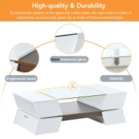 Glass-Top Coffee Table with Open Shelves and Cabinets, Geometric Style, 2-Tier Center Table for Living Room, 45" L x 22" W x 15" H, White(m-7)