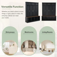 Vinsetto Multi-Functional Hall Tree with 4 Hidden Hanging Hooks, Brown Wood Grain Bench, Multiple Storage Spaces, 59" L x 15.5" W x 75" H, Black(m-5)