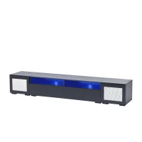 Vinsetto Modern TV Stand Fits TVs Up to 90" with Push to Open Doors, LED Lights, Rattan Style Entertainment Center, 82.5" L x 15.5" W x 14" H, Black(m-14)