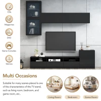 High Gloss TV Stand for TVs Up to 78" with Ample Storage, Media Console, Wall Mounted Floating Cabinets, 93" L x 15" W x 26" H, Black(m-5)