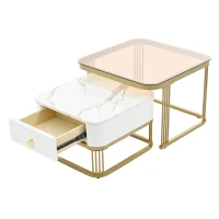 Nesting Coffee Table Set of 2 with Drawer, Square Stacking Tables with Tempered Glass and Marble Grain Tabletop for Living Room, White+Gold(m-2)