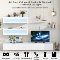 Vinsetto Wall Mount Floating TV Stand with 4 Media Storage Cabinets, 2 Shelves, and 16-Color RGB LED Lights for 95+" TV, White(m-5)