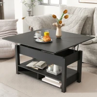 Vinsetto Lift Top Coffee Table with Multi-Functional Open Shelves, Modern Lift Tabletop Dining Table for Living Room, 42" L x 40" W x 25.5" H, Black(m-1)