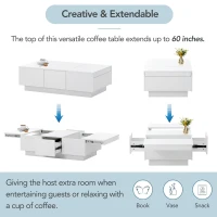 Coffee Table with Hidden Storage, Extendable Cocktail Table with Drawers, Sliding Top for Living Room, 39.5" L x 22" W x 12.5" H, White(m-5)
