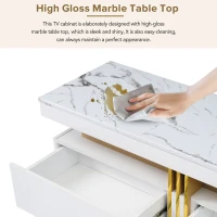 Vinsetto Luxury TV Stand with High Gloss Faux Marble Top for TVs Up to 78", Media Console with Golden Panel Design and 3 Drawers, White+Gold(m-7)