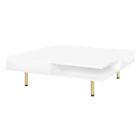 Exquisite High Gloss Coffee Table with 4 Golden Legs, 2 Small Drawers, and 2-Tier Square Design for Living Room, 33.5", White(m-2)