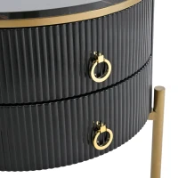 Vinsetto Round End Table with Storage Drawers, Modern Faux Marble Tabletop, Metal Legs and Handles, Black+Gold(m-8)