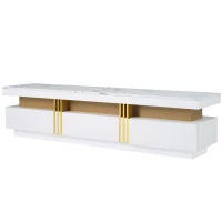 Vinsetto Luxury TV Stand with High Gloss Faux Marble Top for TVs Up to 78", Media Console with Golden Panel Design and 3 Drawers, White+Gold(m-12)