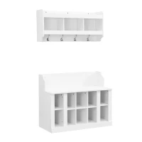 Shoe Cabinet Storage with Shelves and 4 Hooks, Elegant Hall Tree with Wall Mounted Coat Rack, Entryway Organizer for Hallway, Mudroom, White(m-12)