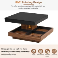 Square 360° Rotating Wood Coffee Table with 3 Detachable Trays, Storage Table for Living Room, 27.5" L x 27.5" W x 14" H, Black+Dark Walnut(m-7)