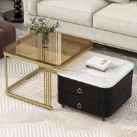 2-in-1 Square Nesting Coffee Table with Wheels & Drawers, High Gloss Marble Grain Top, Tempered Glass, 29" L x 27" W x 16" H, Black+Gold(m-4)
