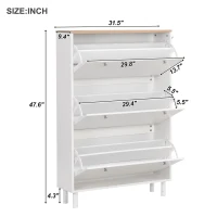 Vinsetto Narrow Design Shoe Cabinet with 3 Flip Drawers, Wood Grain Top, Adjustable Shelves, and 3 Hooks, 31.5" L x 9.5" W x 48" H, White(m-3)