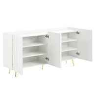 Storage Shoe Cabinet with 5 Metal Legs, Gold Lines Doors, Minimalist Sideboard Cabinet, Modern TV Stand, 63" L x 15" W x 31.5" H, White(m-13)