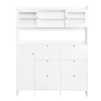 Multifunctional Shoe Cabinet with Storage Shelf, 6 Drawers, 4 Hooks and Tempered Glass Doors, Modern Hall Tree, 62" L x 7" W x 82" H, White