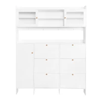 Multifunctional Shoe Cabinet with Storage Shelf, 6 Drawers, 4 Hooks and Tempered Glass Doors, Modern Hall Tree, 62" L x 7" W x 82" H, White(m-2)