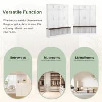Vinsetto Multi-Functional Hall Tree with 4 Hidden Hanging Hooks, Brown Wood Grain Bench, Multiple Storage Spaces, 59" L x 15.5" W x 75" H, White(m-5)