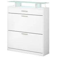 Shoe Cabinet with 2 Flip Drawers and Adjustable Shoe Storage, Tempered Glass Top, LED Light, 35" L x 9.5" W x 41" H, White(m-2)