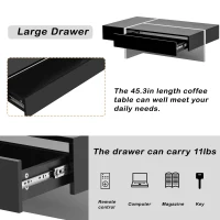 Contemporary Rectangle Coffee Table with Large Drawer, Modern High Gloss Surface, 45" L x 25.5" W x 13.5" H, Black(m-7)