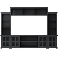 Modern Multifunctional TV Stand for TVs Up to 70" with Glass Door and Bridge, Minimalism Entertainment Wall Unit, 104" L x 15" W x 78.5" H, Black(m-2)