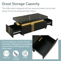 Vinsetto Contemporary Coffee Table with Faux Marble Top, Rectangle Cocktail Table with Caster Wheels, Gold Metal Bars, 39.5" L x 20" W x 17.5" H, Black(m-6)