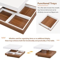 Square 360° Rotating Wood Coffee Table with 3 Detachable Trays, Storage Table for Living Room, 27.5" L x 27.5" W x 14" H, White+Walnut(m-7)