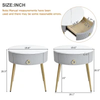 Set of 2 Modern End Tables with Storage, Faux Marble Tabletops, Fluted Panels, and Golden Legs, 19.5" L x 19.5" W x 20.5" H, Grey+Gold(m-3)