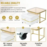 2-in-1 Square Nesting Coffee Table with Wheels & Drawers, High Gloss Marble Grain Top, Tempered Glass, 29" L x 27" W x 16" H, White+Gold(m-6)