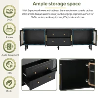 Retro Design TV Stand with Fluted Glass Doors, 2 Drawers and Cabinets, Fits TVs Up to 78", 70" L x 16" W x 22" H, Black(m-7)