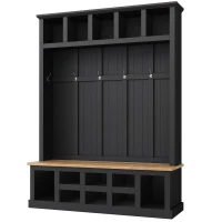Vinsetto Wooden Entryway Hall Tree with Storage Bench, 6 Hooks, Shoe Cabinet with 13 Compartments, Elegant Coat Rack, 59" L x 18" W x 79" H, Black(m-13)