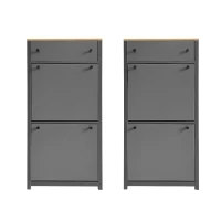 Modern Slim Shoe Cabinet Set with 4 Flip Drawers, Wood Grain Pattern Top, Adjustable Panels, Shoe Rack for Hallway, Gray(m-2)