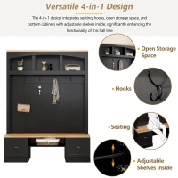 Farmhouse 4-in-1 Hall Tree with Bench and Adjustable Shelves, Multifunctional Storage Coat Rack with Hooks, 55" L x 16.5" W x 73.5" H, Black(m-6)