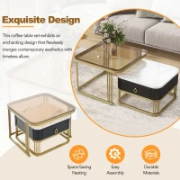 Nesting Coffee Table Set of 2 with Drawer, Brown Tempered Glass and High Gloss Marble Grain Tabletop, 24" W x 24" D x 16.5" H, Black+Gold(m-6)