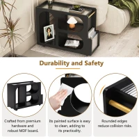 Mobile End Table with Lockable Wheels, Fluted Tempered Glass, Golden Round Rod, Side Table for Living room, 31.5" L x 12" W x 23" H, Black(m-7)