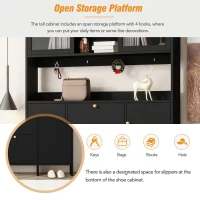 Vinsetto Contemporary Shoe Cabinet with Open Storage Platform, 3 Drawers and 4 Hooks, Tempered Glass Hall Tree, 55" L x 7" W x 82" H, Black(m-7)