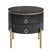 Vinsetto Round End Table with Storage Drawers, Modern Faux Marble Tabletop, Metal Legs and Handles, Black+Gold(m-2)