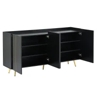 Storage Shoe Cabinet with 5 Metal Legs, Gold Lines Doors, Minimalist Sideboard Cabinet, Modern TV Stand, 63" L x 15" W x 31.5" H, Black(m-13)