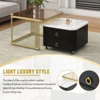 2-in-1 Square Nesting Coffee Table with Wheels & Drawers, High Gloss Marble Grain Top, Tempered Glass, 29" L x 27" W x 16" H, Black+Gold(m-5)
