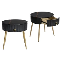 Set of 2 Modern End Tables with Storage, Faux Marble Tabletops, Fluted Panels, and Golden Legs, 19.5" L x 19.5" W x 20.5" H, Black+Gold(m-12)