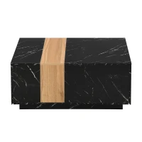 Vinsetto Modern Coffee Table with Faux Marble and Walnut Finish, Rectangular Center Table with 2 Storage Drawers for Living Room, Black(m-11)