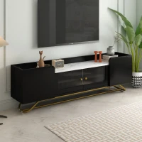 Vinsetto Sleek Design TV Stand with Fluted Glass, Faux Marble Top, and Gold Frame Base, Fits TVs Up to 70", 63.5" L x 12.5" W x 19" H, Black(m-1)
