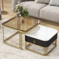 Nesting Coffee Table Set of 2 with Drawer, Brown Tempered Glass and High Gloss Marble Grain Tabletop, 24" W x 24" D x 16.5" H, Black+Gold(m-4)