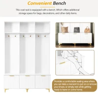 Modern Hall Tree with Bench, High Gloss Fluted Doors, 6 Gold Hooks, and Storage Cubbies, 49.5" L x 15.5" W x 75.5" H, White+Gold(m-8)